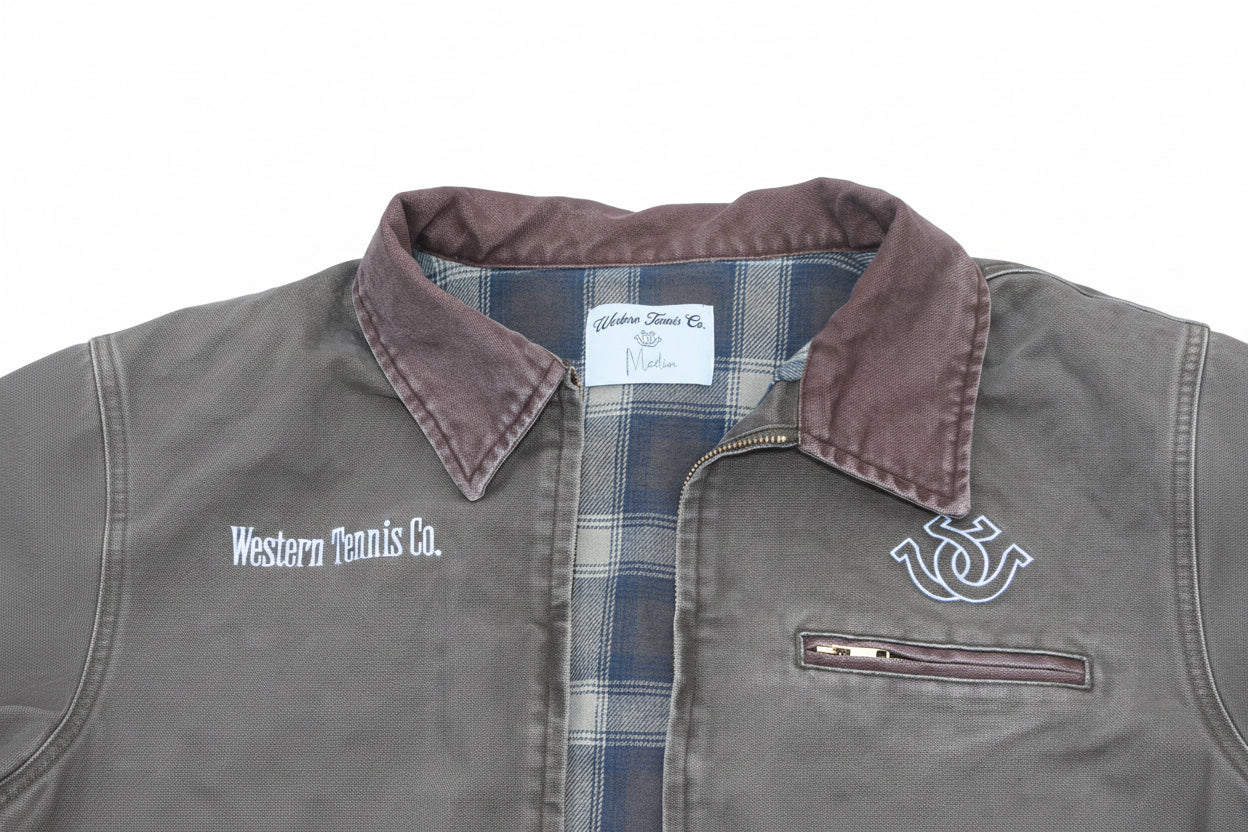 Faded green Western Tennis Ace Jacket in canvas with a corduroy collar and custom hardware.